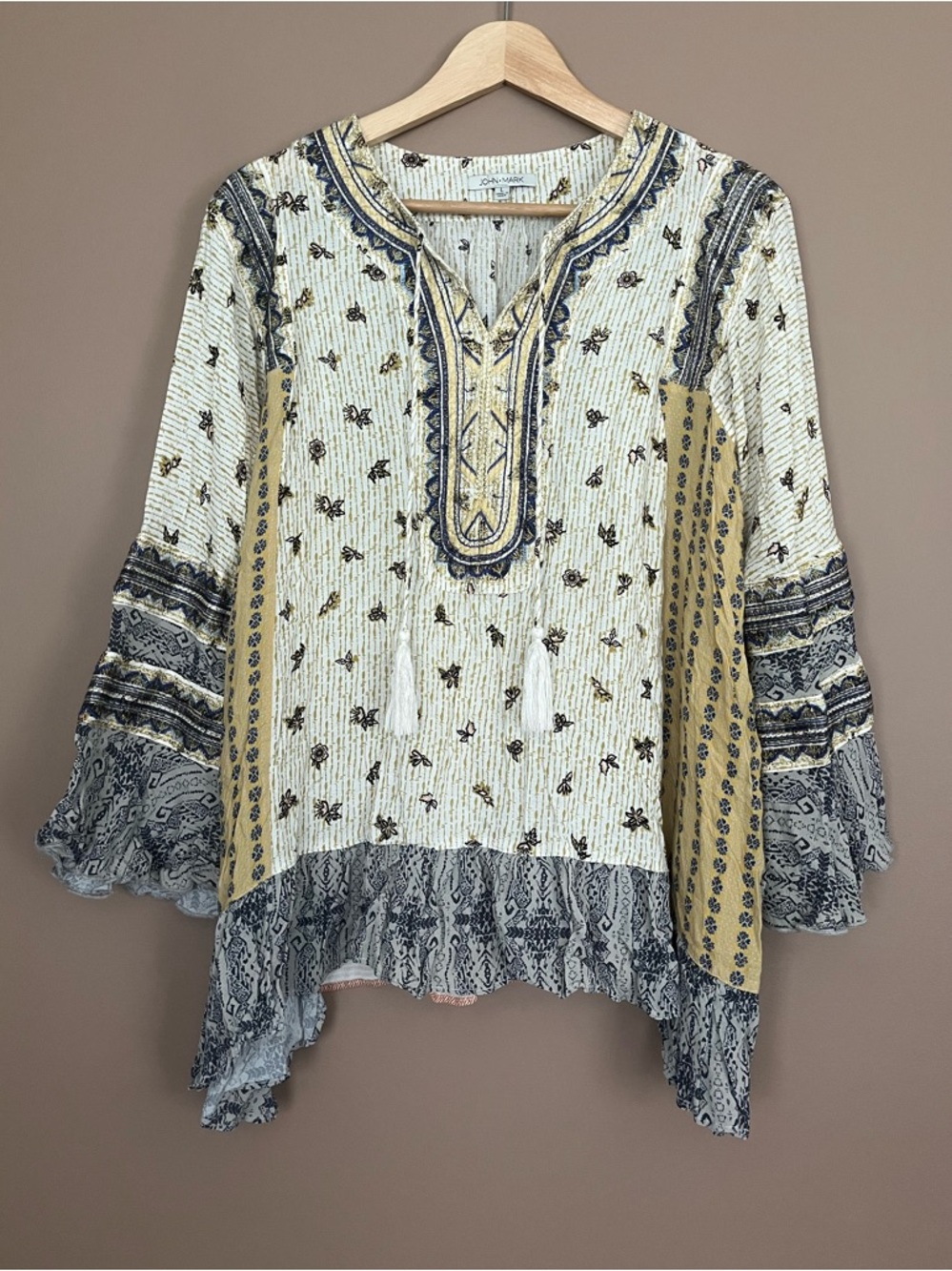 {John Mark} Metallic Embroidery Boho Flowy Top - Womens Large